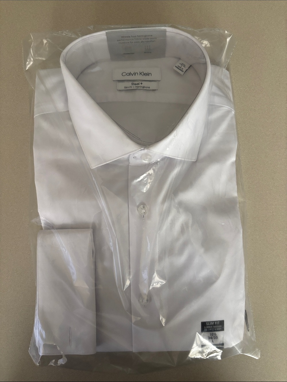 Calvin Klein Men’s White Steel + Slim Fit Herringbone Shirt (L)